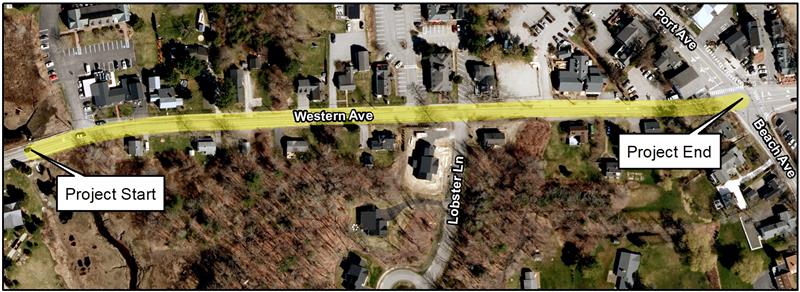 arial view of Western Avenue showing the project start and project end.